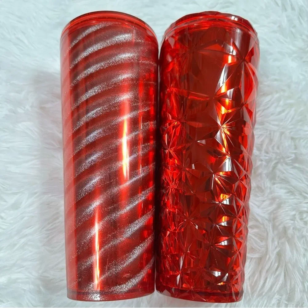 2 Starbucks Holiday Cold Cup Tumbler 24 Oz Red Prism, Peppermint. NO STRAW
